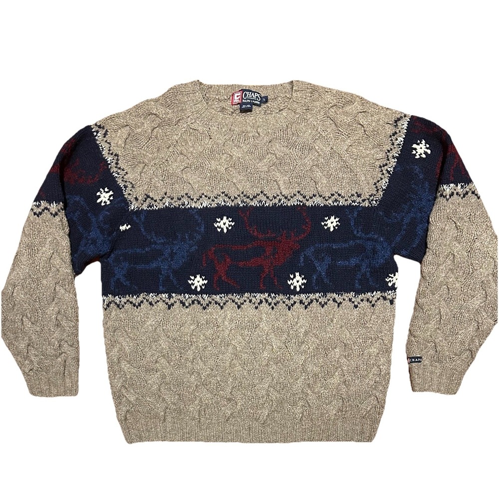 Vtg CHAPS Ralph Lauren Wool Sweater Hand Knitted Mens Sz Large Moose Cable Knit